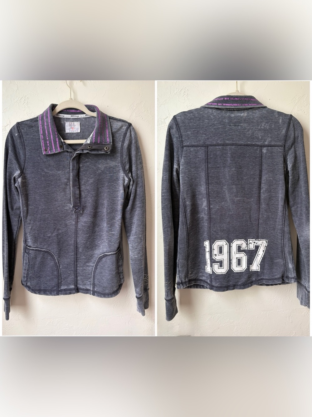 BKE Lounge Gray Snap Henley Sweatshirt Purple Stripe Medium